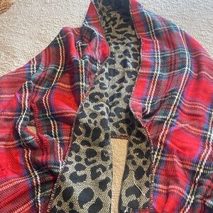Plaid/Leopard Reversible Red Women's Ruana scarf/cape